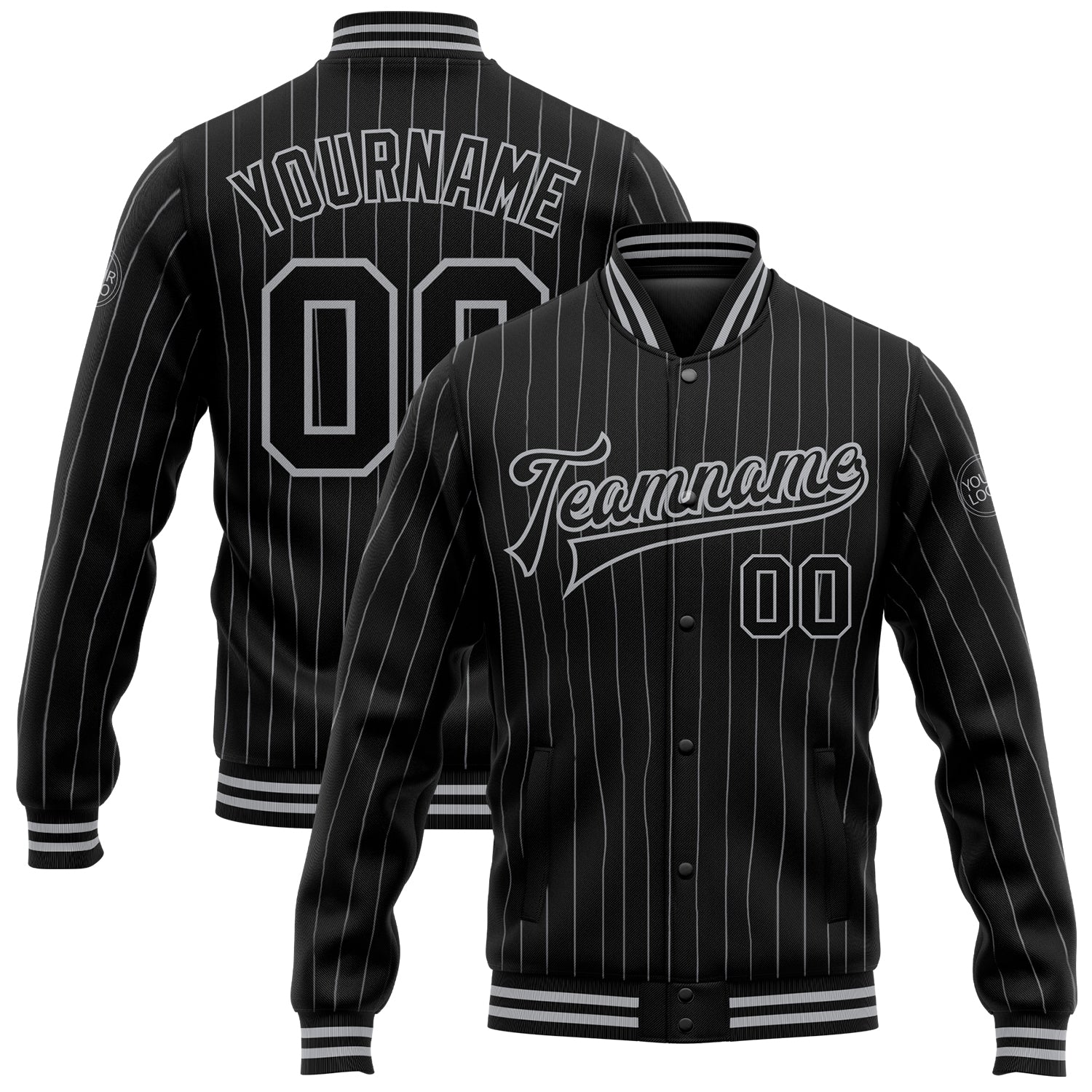 Personalized Gray Black Pinstripe Varsity Letterman Bomber Jacket Full-Snap Personalized Black Gray Pinstripe Gray Bomber