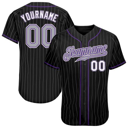Personalized Black Gray Pinstripe Baseball Jersey with Gray and Purple Accents Personalized Black Gray Pinstripe Gray-Purple