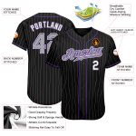 Personalized Black Gray Pinstripe Baseball Jersey with Gray and Purple Accents Personalized Black Gray Pinstripe Gray-Purple