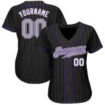 Personalized Black Gray Pinstripe Baseball Jersey with Gray and Purple Accents Personalized Black Gray Pinstripe Gray-Purple