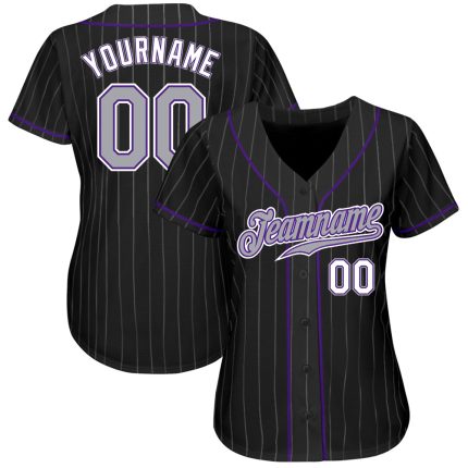 Personalized Black Gray Pinstripe Baseball Jersey with Gray and Purple Accents Personalized Black Gray Pinstripe Gray-Purple