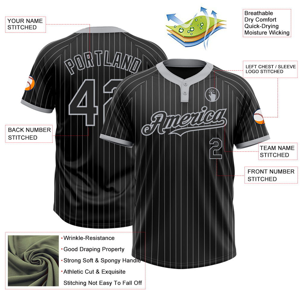 Personalized Black Gray Pinstripe Gray Two-Button Unisex Softball Jersey Personalized Unisex Pinstripe Softball Jersey - Black Gray Two-Button Design Personalized Black Gray Pinstripe Gray Two-Button - Image 3