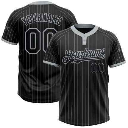 Custom Name & Number Unisex Softball Jersey - Personalized Black Gray Two-Button Pinstripe Design Personalized Black Gray