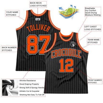 Custom Authentic Basketball Jersey - Personalized Black Gray Pinstripe with Orange and Gray Team Name & Number Personalized