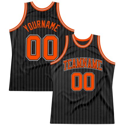Custom Authentic Basketball Jersey - Personalized Black Gray Pinstripe with Orange and Gray Team Name & Number Personalized