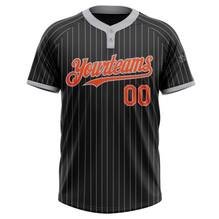 Customizable Black Gray Pinstripe Unisex Softball Jersey with Orange Accents - Two-Button Design Personalized Black Gray