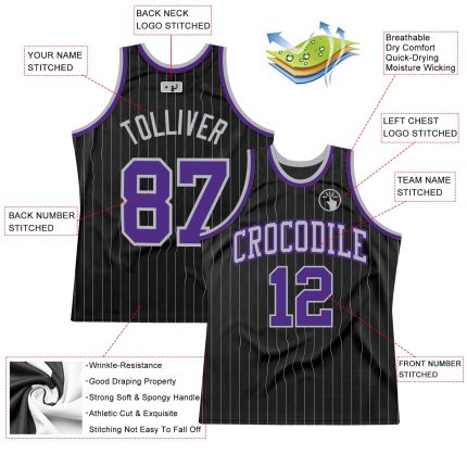 Custom Black Gray Pinstripe Basketball Jersey with Purple-Gray Design for Team Name and Number - Authentic Sports Apparel