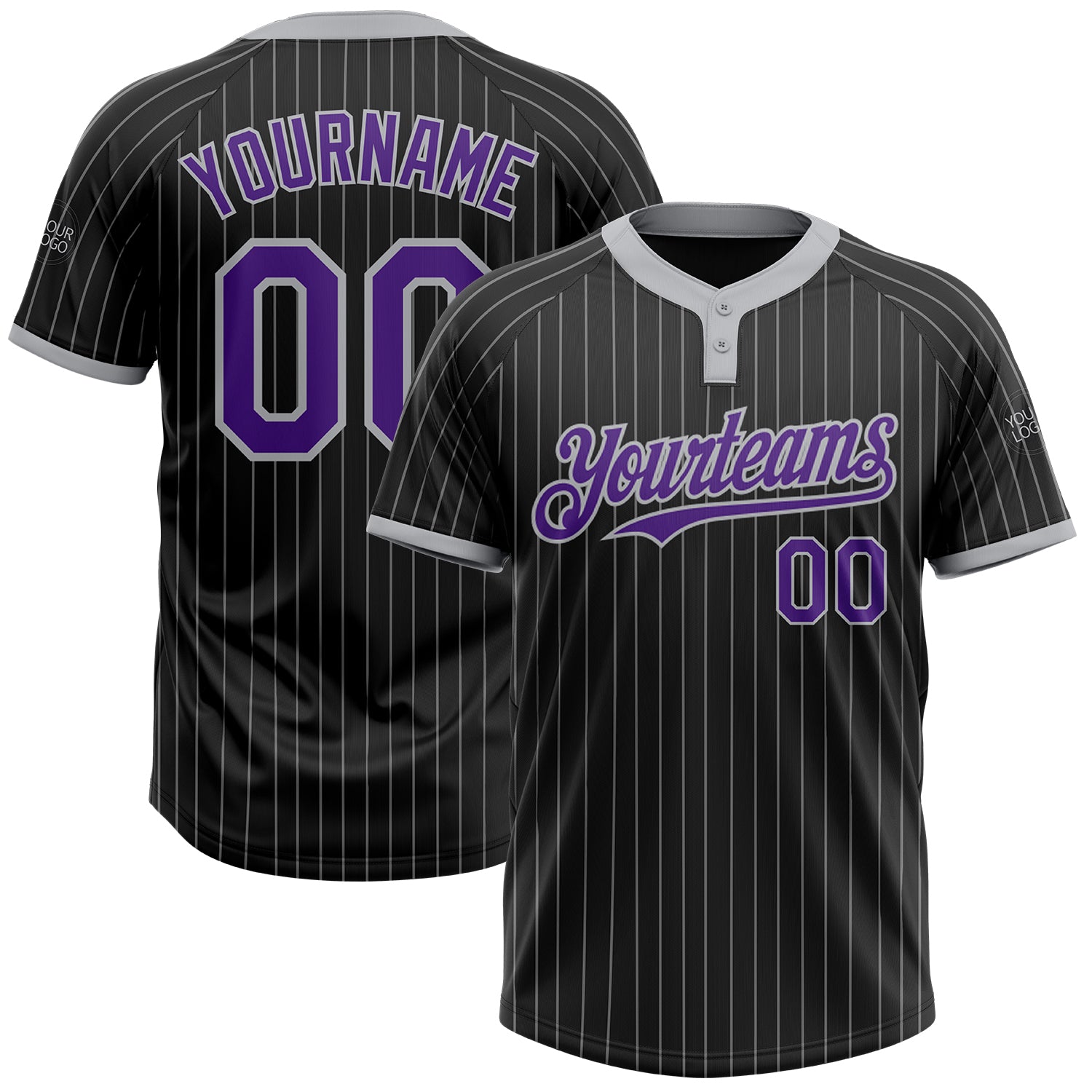 Custom Name and Number Unisex Softball Jersey - Black Gray Pinstripe Two-Button Purple Design Personalized Black Gray Pinstripe