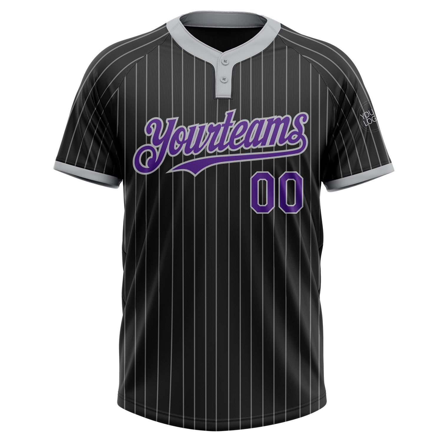 Personalized Black Gray Pinstripe Purple Two-Button Unisex Softball Jersey Team Custom Name and Number Custom Name and Number Unisex Softball Jersey - Black Gray Pinstripe Two-Button Purple Design Personalized Black Gray Pinstripe - Image 2