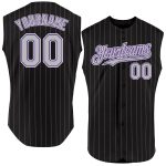 Personalized Black Gray Pinstripe Sleeveless Baseball Jersey with Purple-White Accents Personalized Black Gray Pinstripe