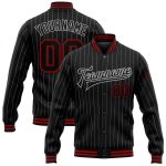 Personalized Varsity Letterman Jacket Black Gray Pinstripe Red Full-Snap Bomber Personalized Black Gray Pinstripe Red Bomber