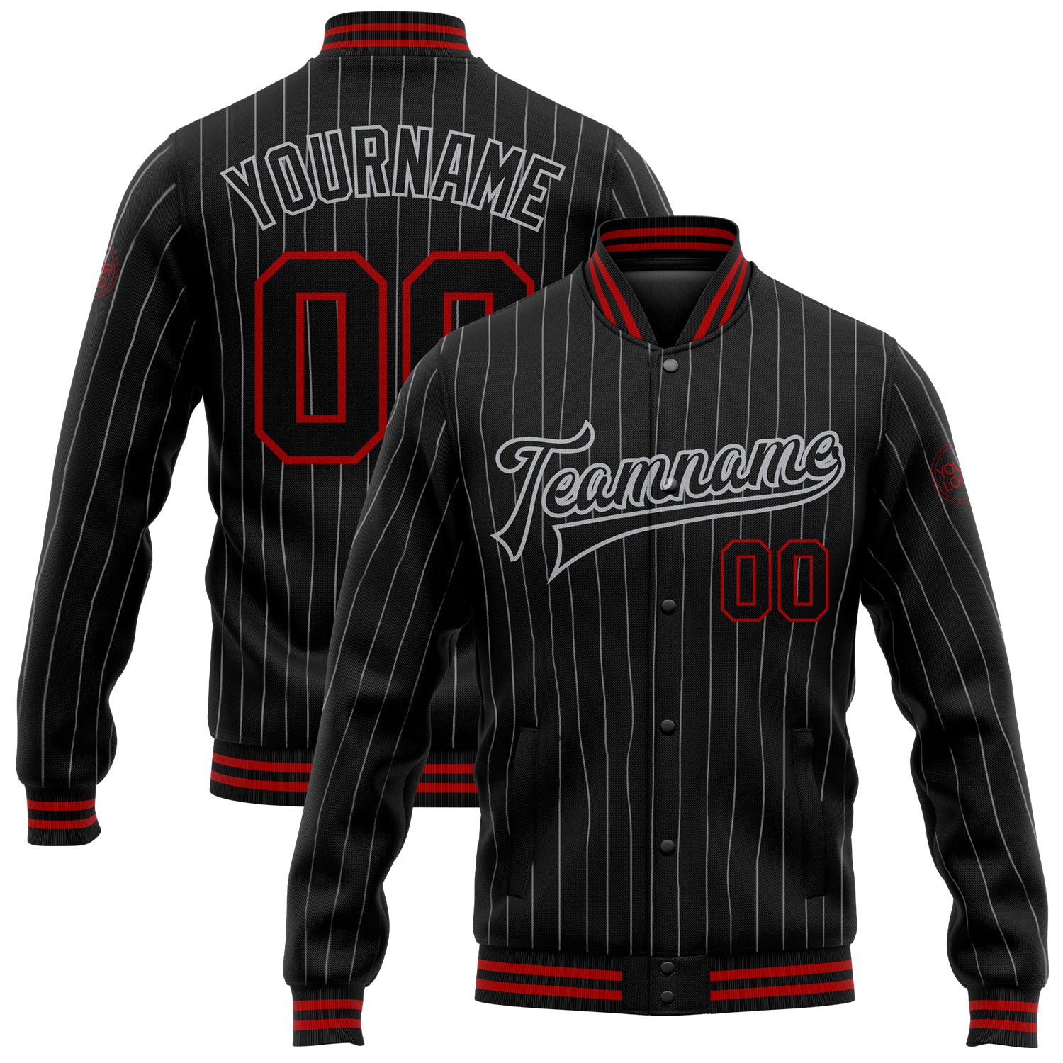 Custom Name and Number Black Gray Pinstripe Varsity Bomber Jacket Full-Snap Letterman Personalized Black Gray Pinstripe Red