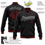 Custom Name and Number Black Gray Pinstripe Varsity Bomber Jacket Full-Snap Letterman Personalized Black Gray Pinstripe Red