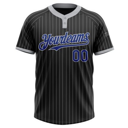 Custom Name and Number Unisex Softball Jersey - Personalized Black Gray Pinstripe Royal Two-Button Design Personalized Black