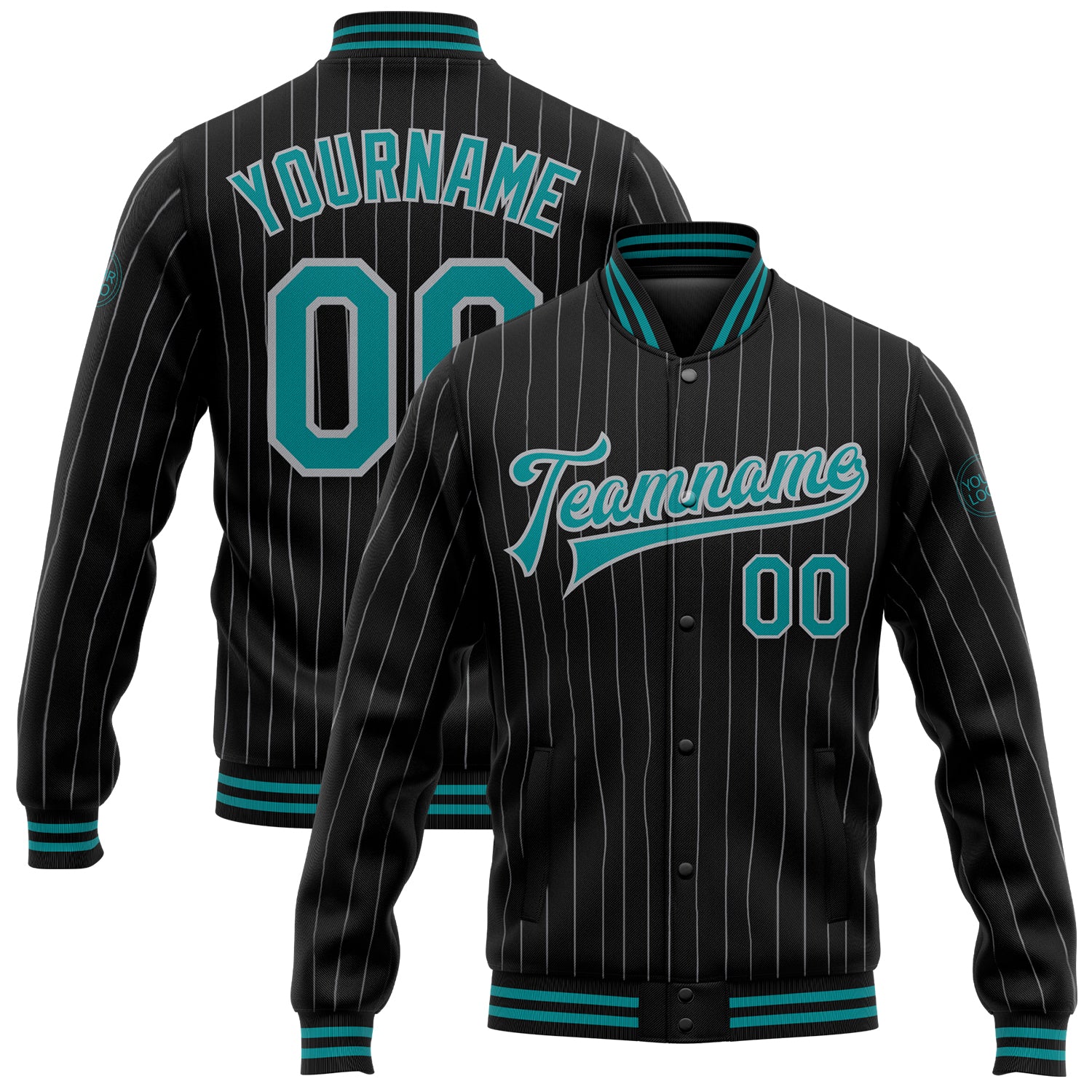 Personalized Teal Bomber Jacket with Black Gray Pinstripe, Full-Snap Varsity Letterman Style Personalized Black Gray Pinstripe
