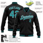 Personalized Teal Bomber Jacket with Black Gray Pinstripe, Full-Snap Varsity Letterman Style Personalized Black Gray Pinstripe
