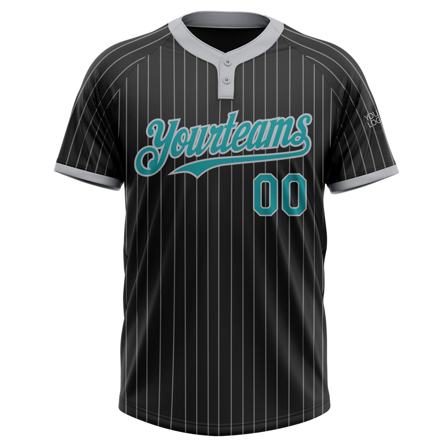 Personalized Black Gray Pinstripe Teal Two-Button Unisex Softball Jersey Personalized Teal Black Gray Pinstripe Softball Jersey Unisex Two-Button Personalized Black Gray Pinstripe Teal Two-Button - Image 2