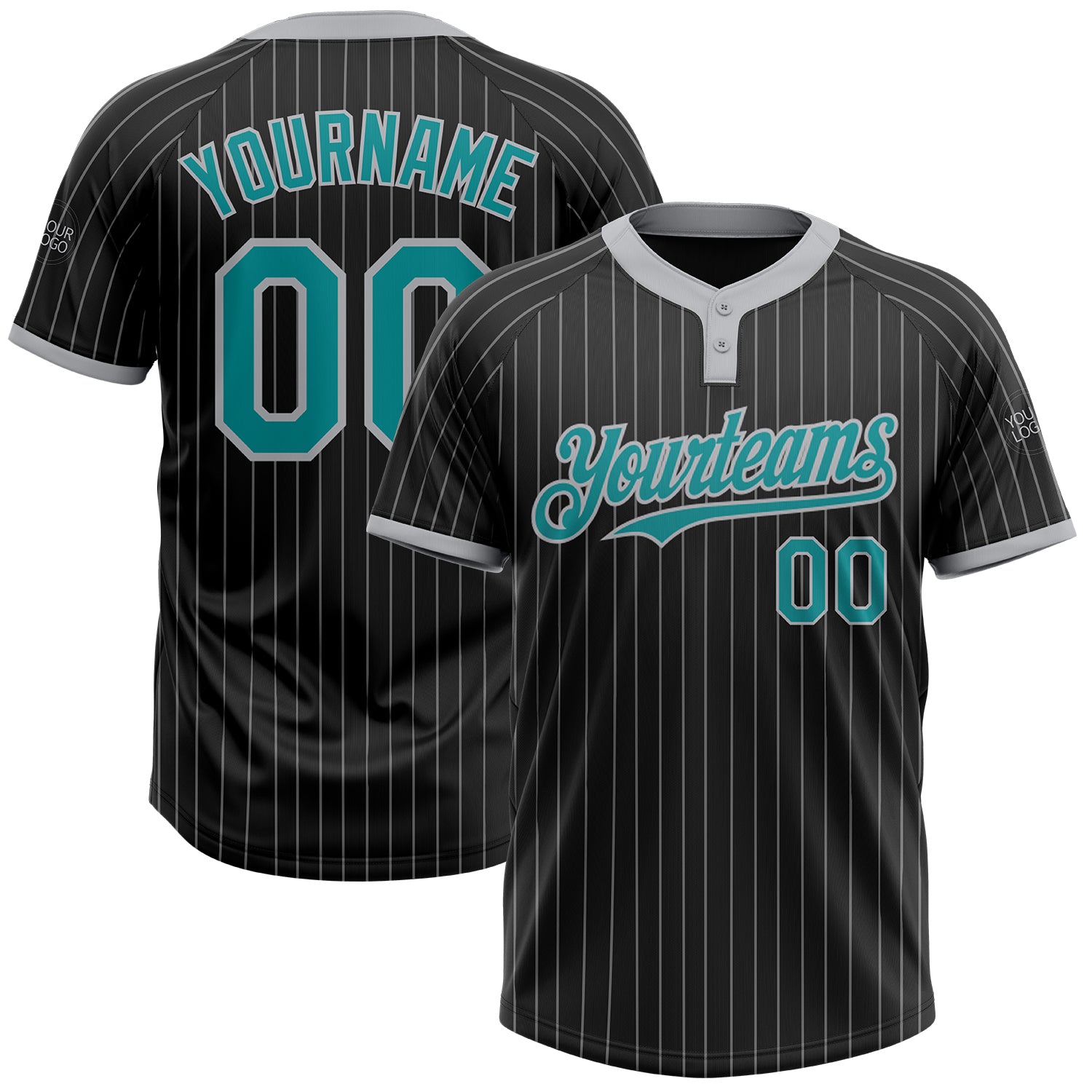 Custom Name Number Teal Two-Button Unisex Softball Jersey Black Gray Pinstripe - Personalized Team Apparel Personalized Black