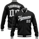 Personalized Black Gray Pinstripe Varsity Jacket Full-Snap Bomber Letterman Personalized Black Gray Pinstripe White Bomber