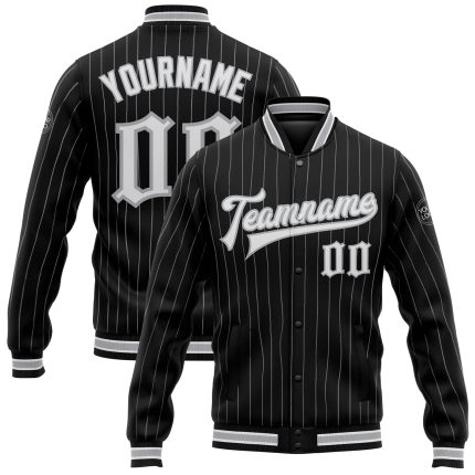Personalized Black Gray Pinstripe Varsity Jacket Full-Snap Bomber Letterman Personalized Black Gray Pinstripe White Bomber