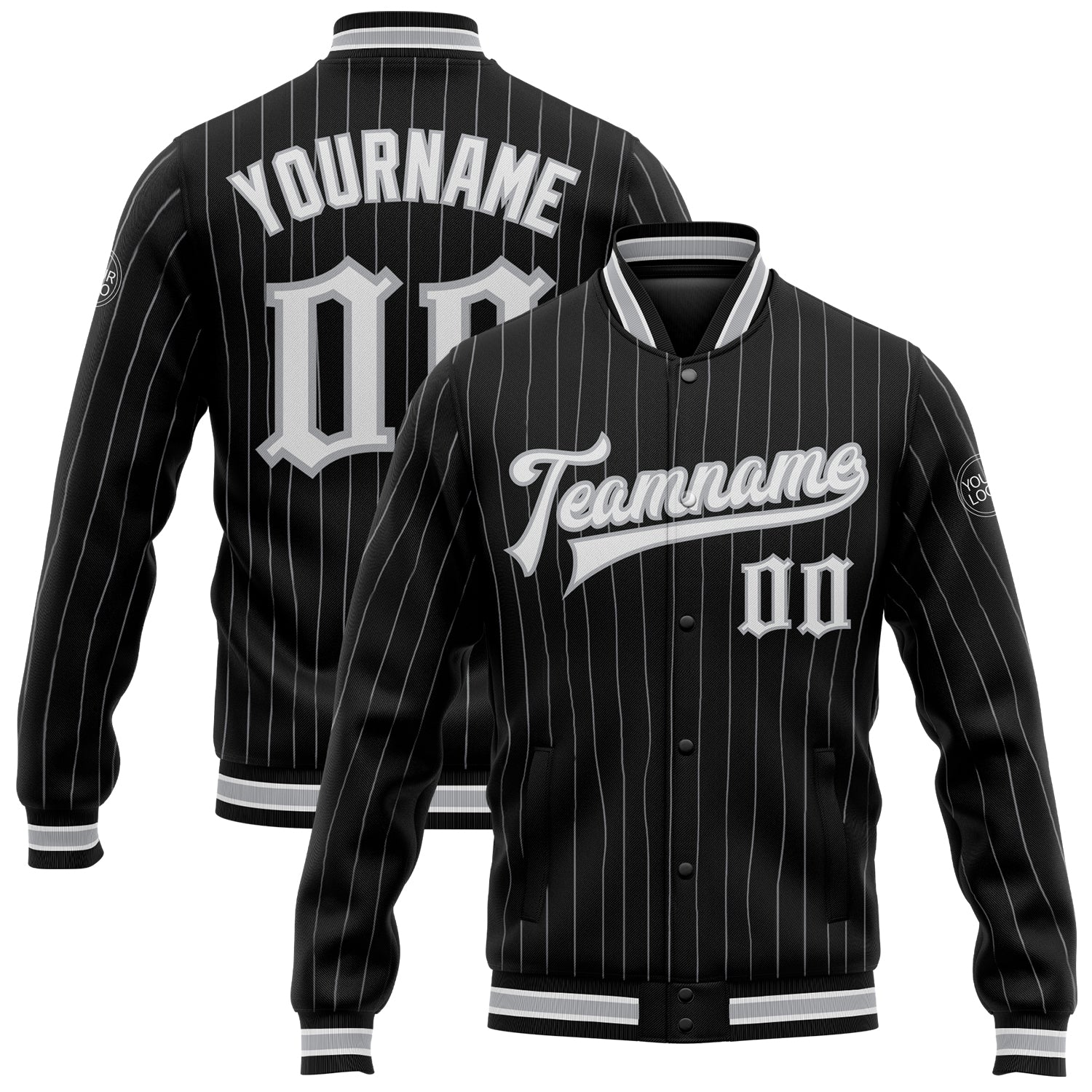 Custom Name Number Bomber Varsity Jacket Black Gray Pinstripe Full-Snap Personalized Team Apparel Personalized Black Gray