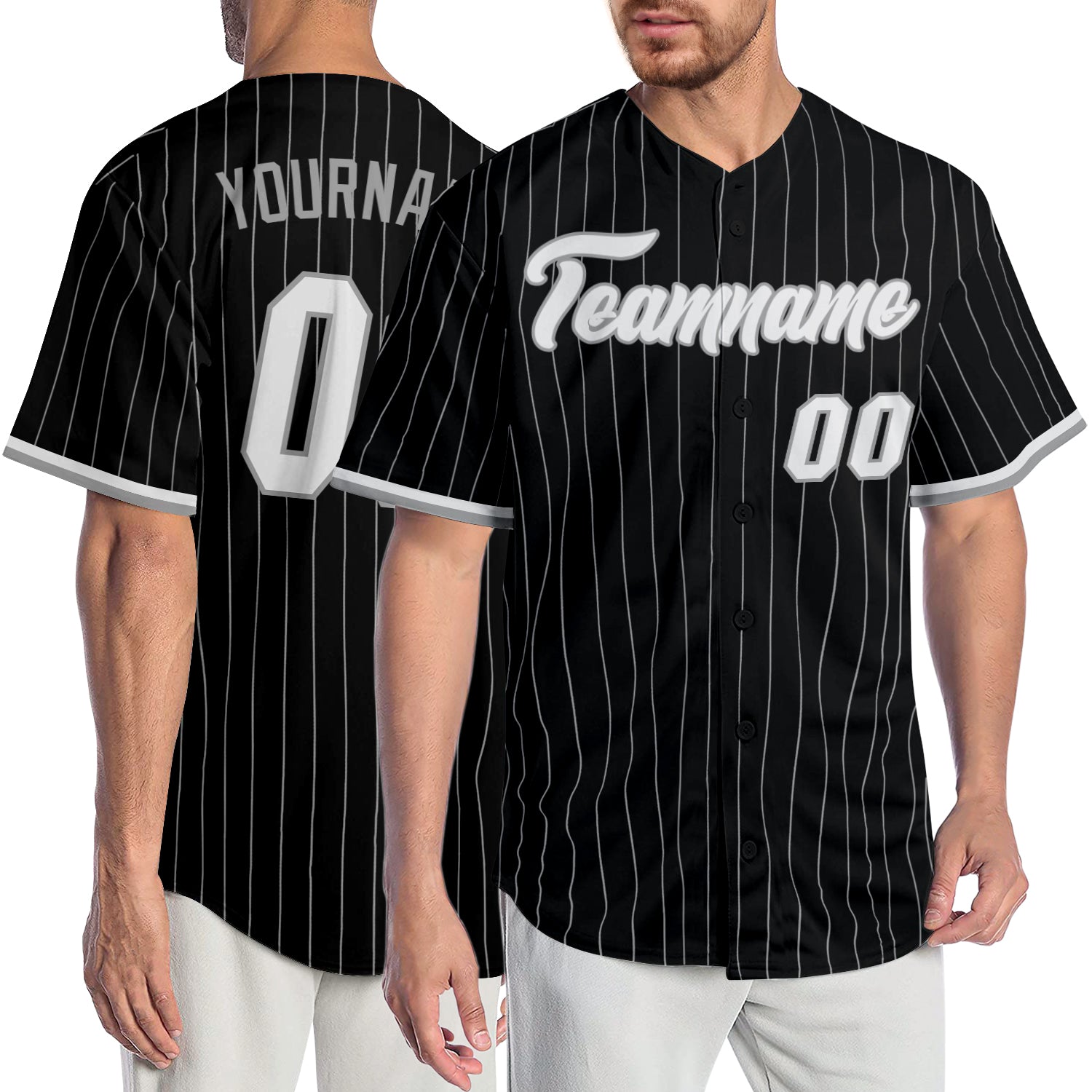Personalized Baseball Jersey - Black Gray Pinstripe, White-Gray Design, Size 3 Personalized Black Gray Pinstripe White-Gray