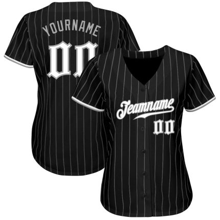 Custom Black Gray Pinstripe Baseball Jersey - Personalized White Gray Design Personalized Black Gray Pinstripe White-Gray