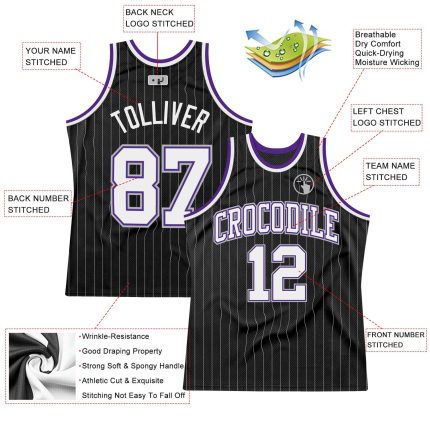 Custom Black Gray Pinstripe Basketball Jersey - White Purple Personalization Available Personalized Black Gray Pinstripe