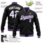 Personalized Black Gray Pinstripe Varsity Letterman Jacket White Purple Full-Snap Bomber Jacket Personalized Black Gray Pinstripe
