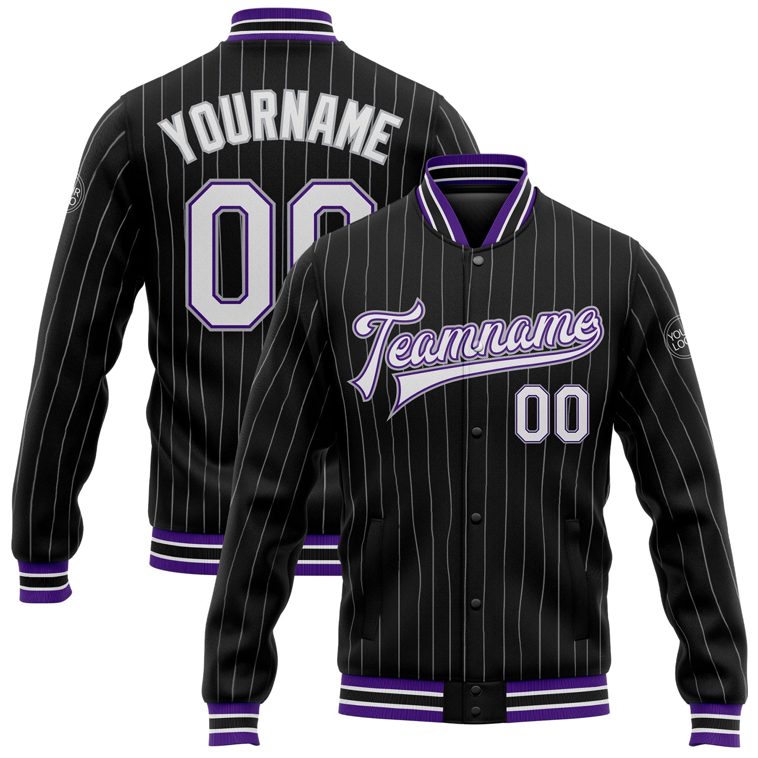 Personalized Black Gray Pinstripe Varsity Letterman Jacket White Purple Full-Snap Bomber Jacket Personalized Black Gray Pinstripe