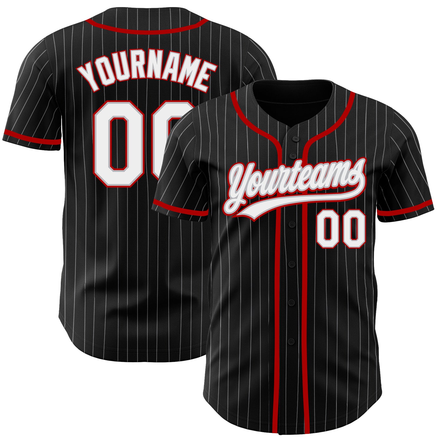 Personalized Black Gray Pinstripe Baseball Jersey - White Red Authentic Jersey Personalized Black Gray Pinstripe White-Red