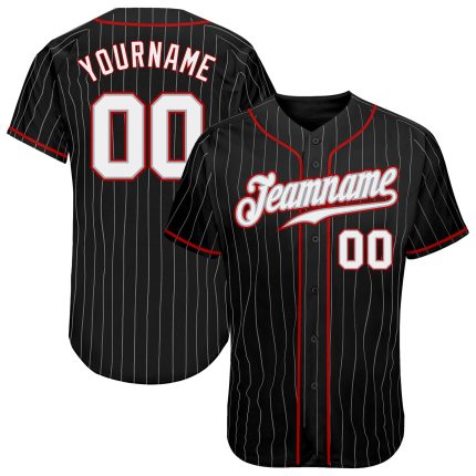 Personalized Black Gray Pinstripe Baseball Jersey with Red Accents Personalized Black Gray Pinstripe White-Red Baseball Jersey