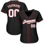 Personalized Black Gray Pinstripe Baseball Jersey with Red Accents Personalized Black Gray Pinstripe White-Red Baseball Jersey