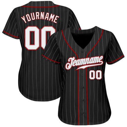 Personalized Black Gray Pinstripe Baseball Jersey with Red Accents Personalized Black Gray Pinstripe White-Red Baseball Jersey