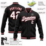 Personalized Black Gray Pinstripe Bomber Varsity Letterman Jacket - Full-Snap White-Red Design Personalized Black Gray Pinstripe