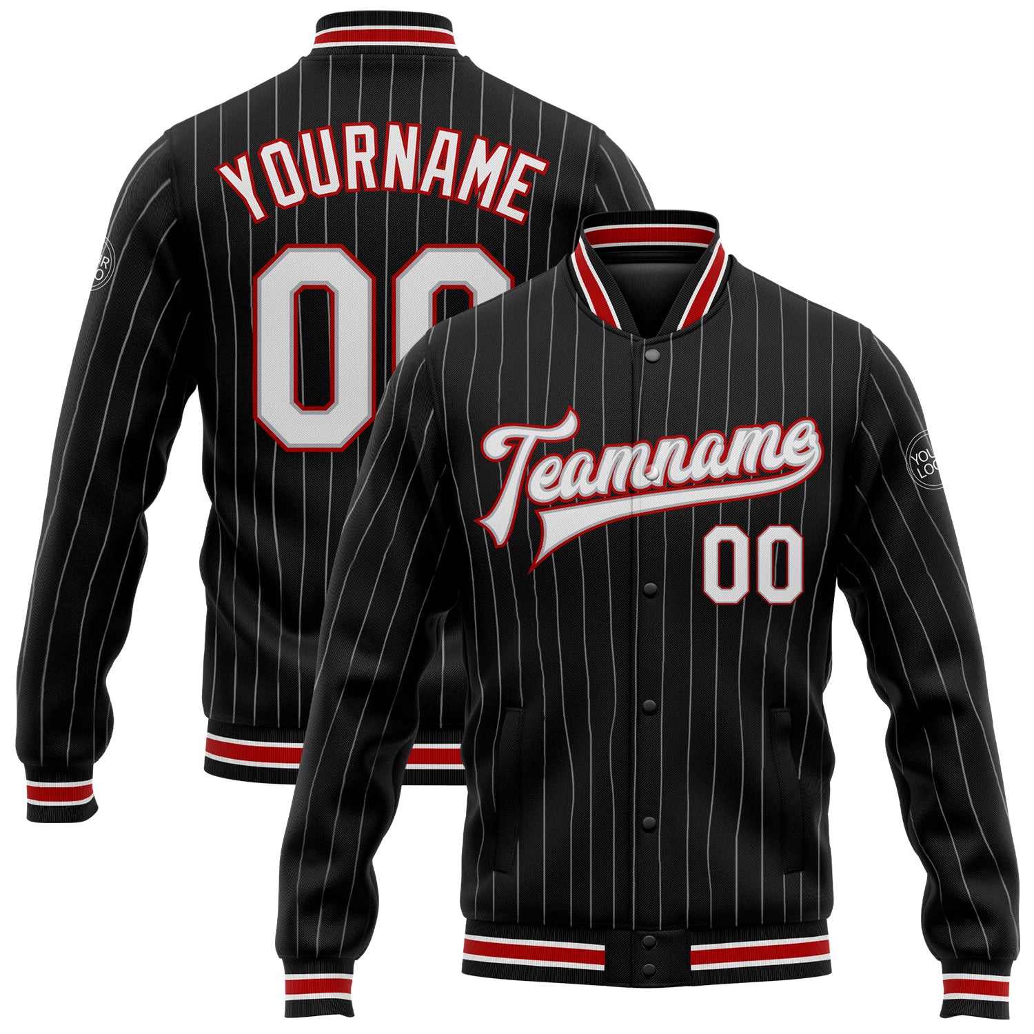 Personalized Black Gray Pinstripe Bomber Varsity Letterman Jacket - Full-Snap White-Red Design Personalized Black Gray Pinstripe