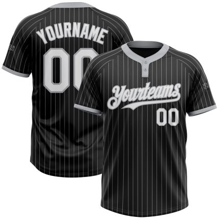 Personalized Unisex Softball Jersey - Black Gray Pinstripe Two-Button, Soft Fabric Personalized Black Gray Pinstripe White