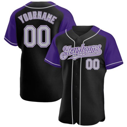 Custom Name and Number Personalized Baseball Jersey in Black Gray-Purple Raglan Sleeves Personalized Black Gray-Purple Authentic