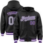 Custom Team Name Number Bomber Hoodie Jacket Full-Snap Varsity Black Gray Purple Personalized Black Gray-Purple Bomber Full-Snap