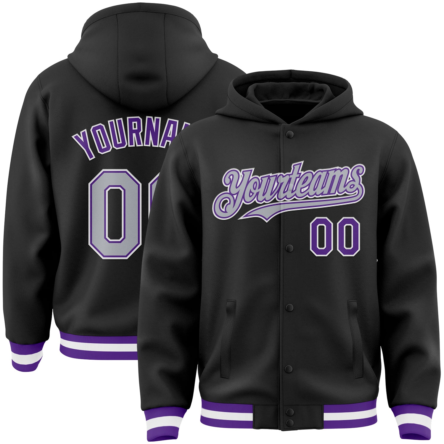 Custom Team Name Number Bomber Hoodie Jacket Full-Snap Varsity Black Gray Purple Personalized Black Gray-Purple Bomber Full-Snap