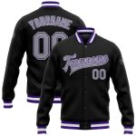 Personalized Varsity Letterman Jacket in Black Gray Purple - Full-Snap Bomber Style Personalized Black Gray-Purple Bomber