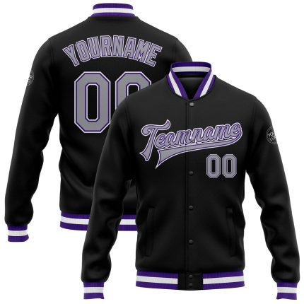Personalized Varsity Letterman Jacket in Black Gray Purple - Full-Snap Bomber Style Personalized Black Gray-Purple Bomber