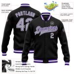 Personalized Varsity Letterman Jacket in Black Gray Purple - Full-Snap Bomber Style Personalized Black Gray-Purple Bomber