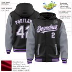 Custom Name Number Two Tone Bomber Jacket Black Gray Purple Varsity Letterman Full-Snap Hoodie for Teams Personalized Black