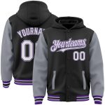 Custom Name Number Two Tone Bomber Jacket Black Gray Purple Varsity Letterman Full-Snap Hoodie for Teams Personalized Black