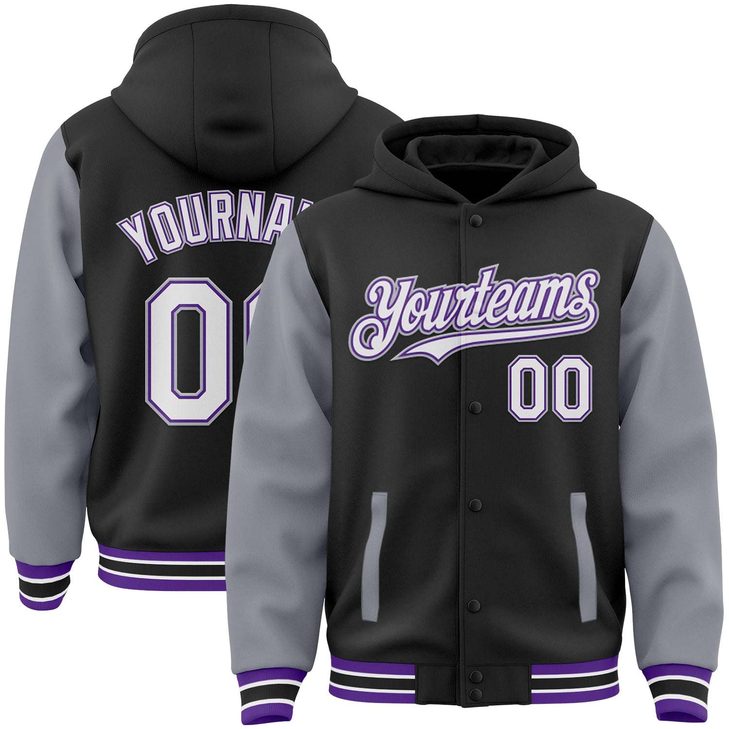 Custom Name Number Two Tone Bomber Jacket Black Gray Purple Varsity Letterman Full-Snap Hoodie for Teams Personalized Black