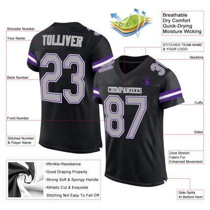 Custom Name Number Black Gray Purple Mesh Football Jersey - Personalized Authentic Team Apparel Personalized Black Gray-Purple