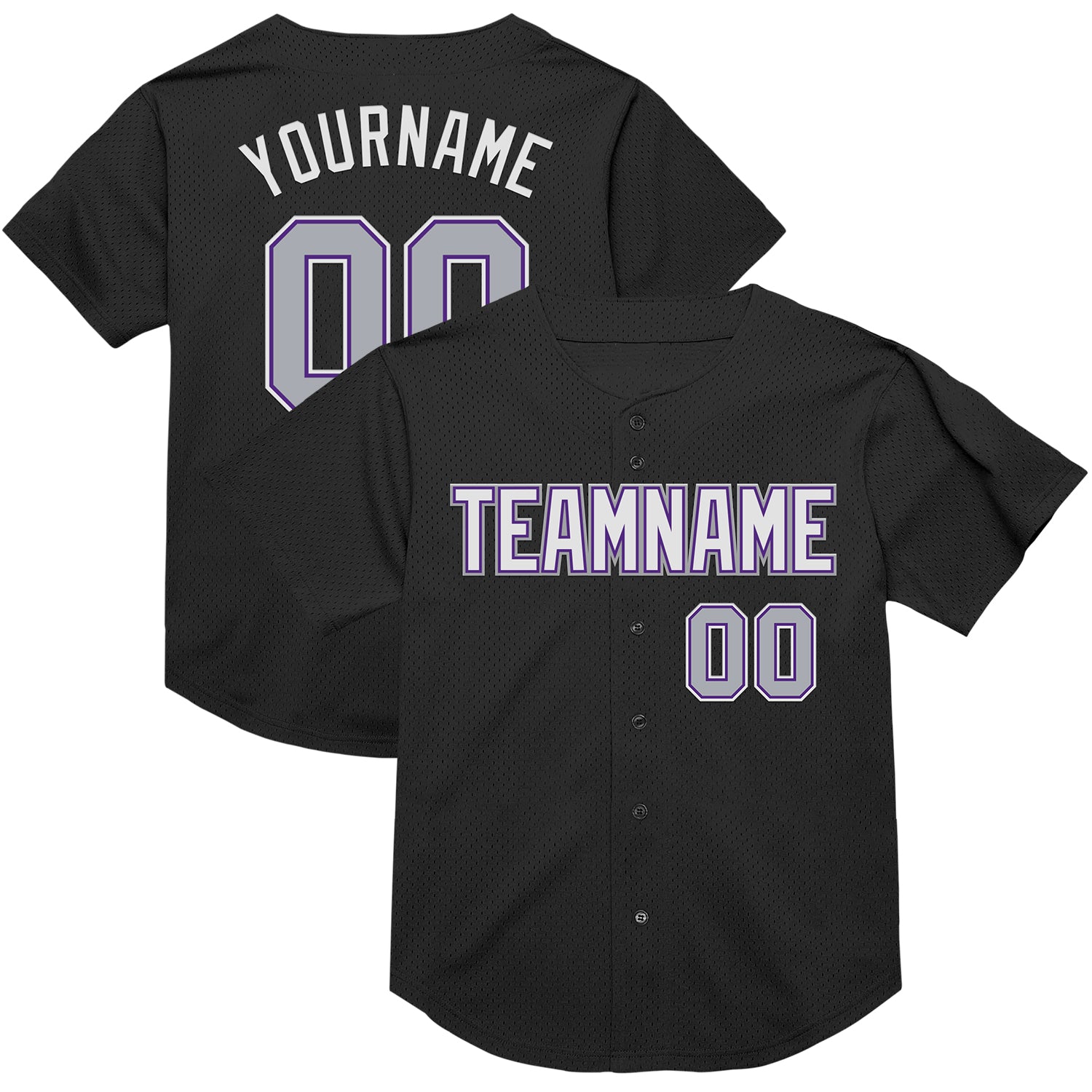 Personalized Authentic Baseball Jersey in Black Gray-Purple Mesh Style Personalized Black Gray-Purple Mesh Authentic Throwback