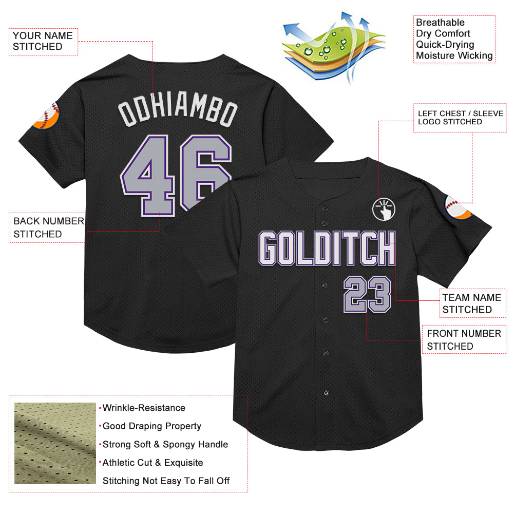 Personalized Black Gray-Purple Mesh Throwback Baseball Jersey 2 Custom Black Gray Purple Mesh Baseball Jersey for Men and Women Personalized Black Gray-Purple Mesh Throwback Baseball Jersey - Image 3