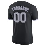 Custom black, gray and purple performance t-shirt, close-up of the collar